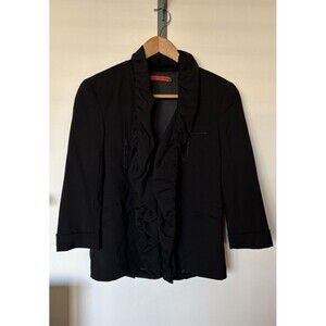 Alice + Olivia Black Ruffle Front Chain Detail Wool Blend 3/4 Sleeve Blazer XS
